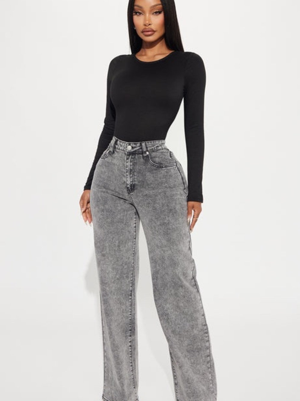 Fashion Nova Black Top with Gray Washed Wide-Leg Jeans